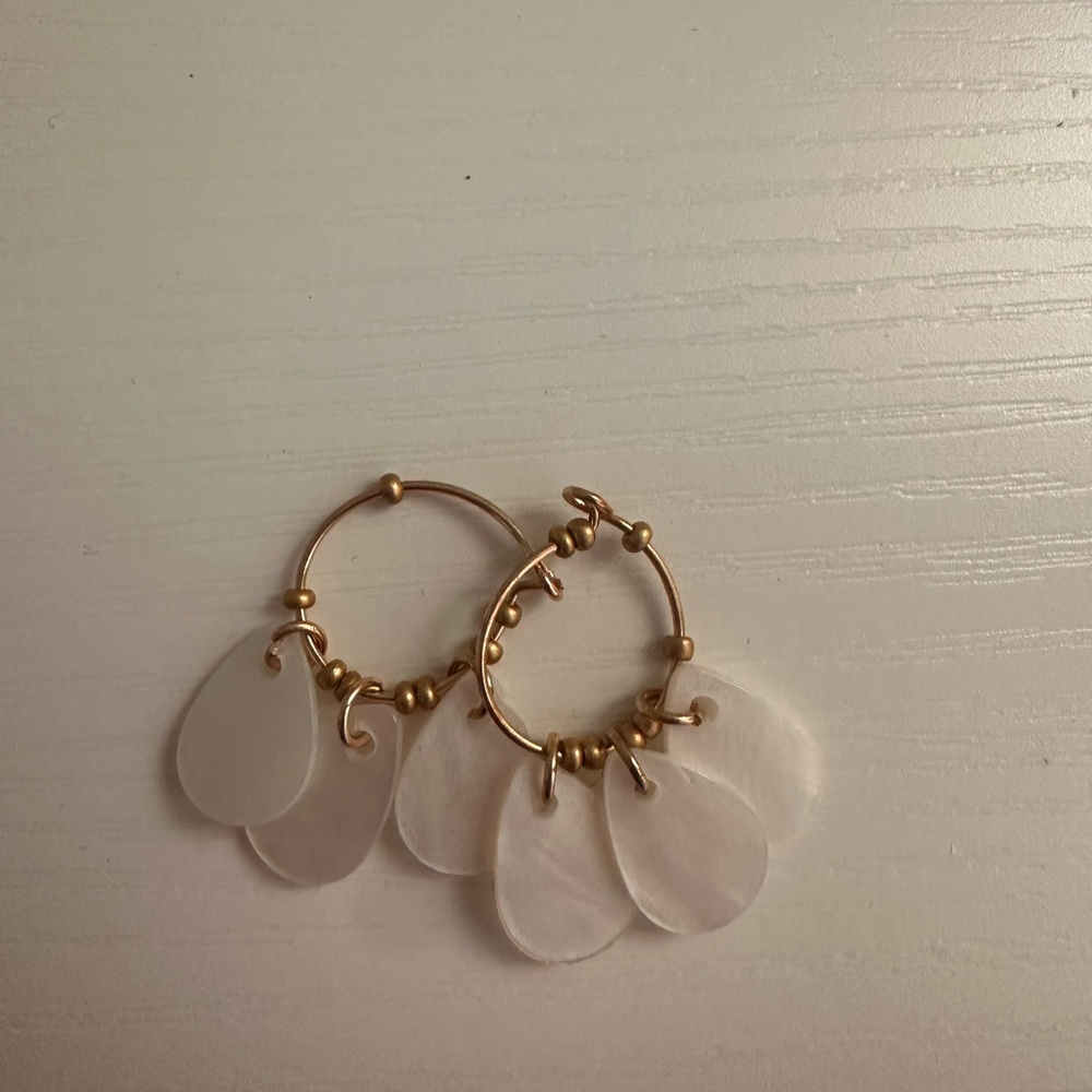 Gold Hoop Earrings with White Mother-of-Pearl Teardrop Charms